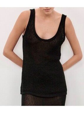 Dissh Black Margot Open Knit Weave Tank Top Scoop Neck relaxed fit sheer
